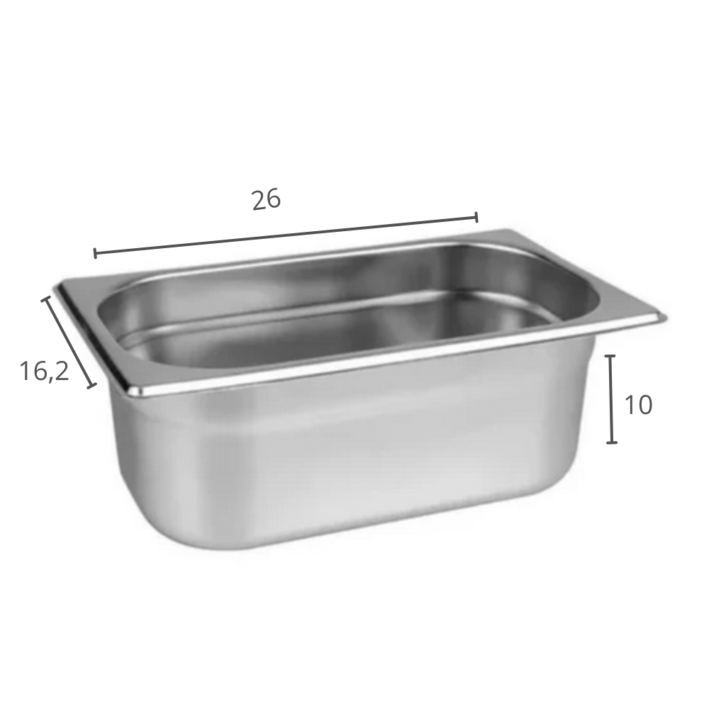 CUBA GASTRONOMICA GN 1/4X100MM 162X265MM AÇO INOX E 0,7MM