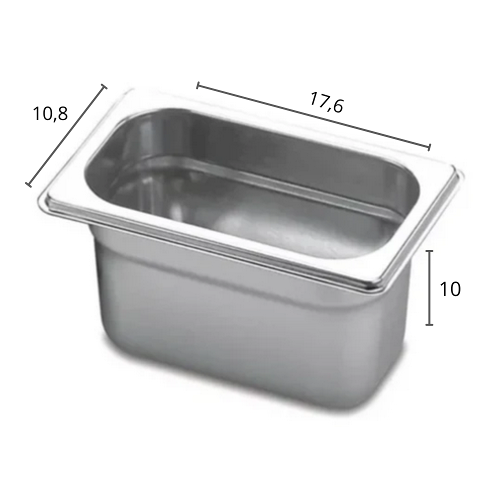 CUBA GASTRONOMICA GN 1/9X100MM 108X176MM AÇO INOX E 0,7MM
