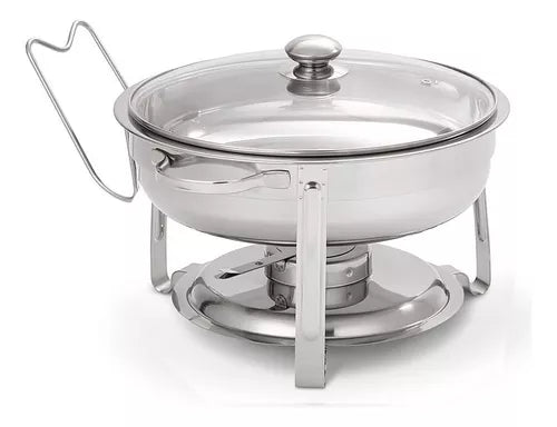 Rechaud Redondo 3,5 L Inox Banho Maria Tampa Vidro E Suporte
