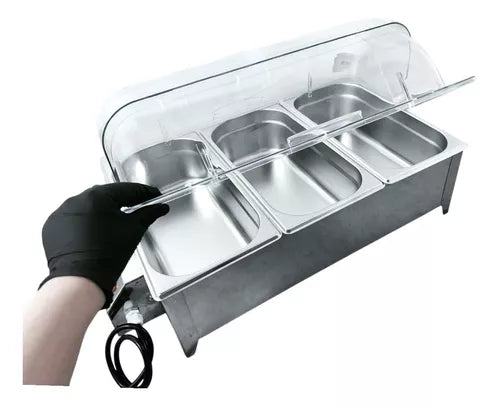 RECHAUD ELÉTRICO 750W 3 CUBAS INOX C/ TAMPA ACRÍLICO