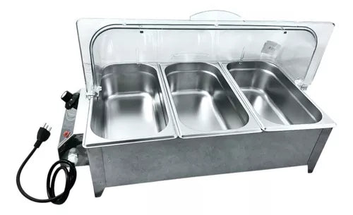 RECHAUD ELÉTRICO 750W 3 CUBAS INOX C/ TAMPA ACRÍLICO