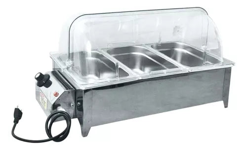 RECHAUD ELÉTRICO 750W 3 CUBAS INOX C/ TAMPA ACRÍLICO