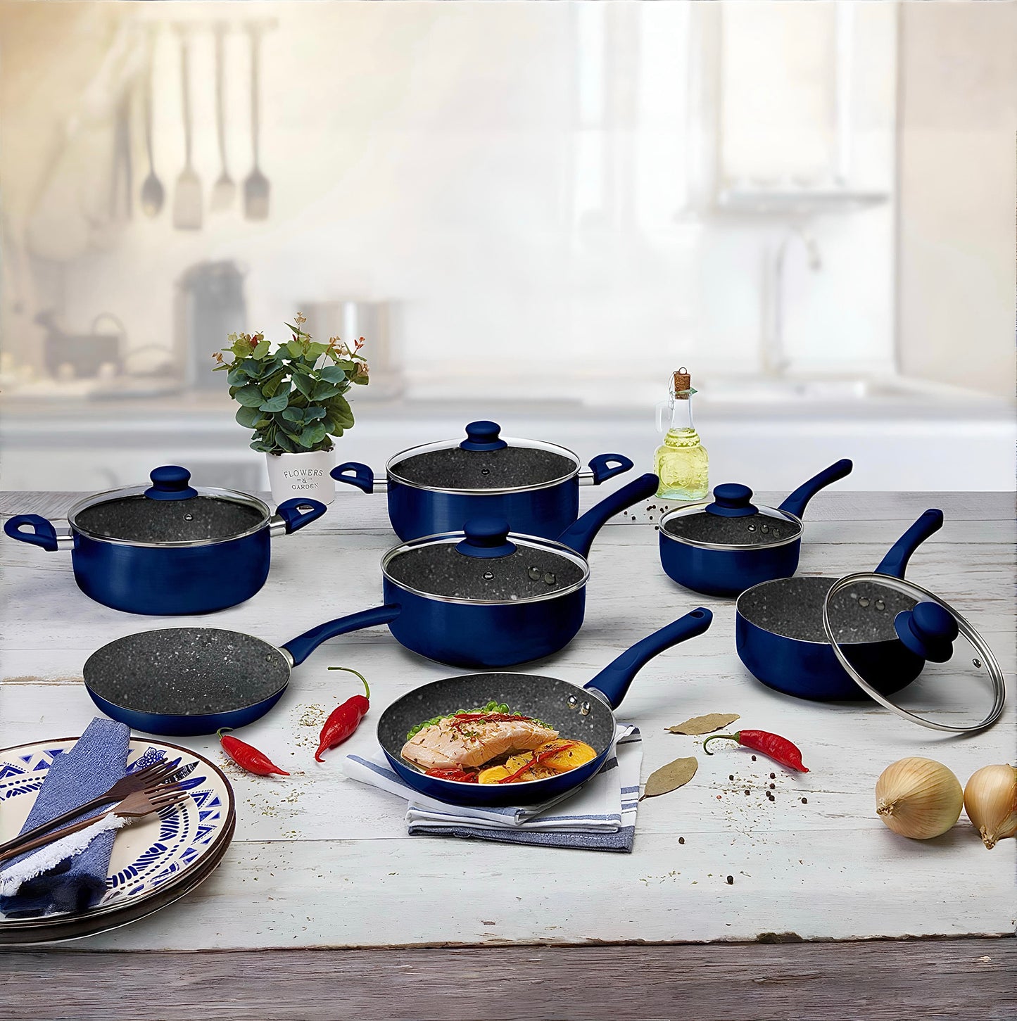 JOGO DE PANELAS COM 7 PEÇAS GENEBRA DARK BLUE