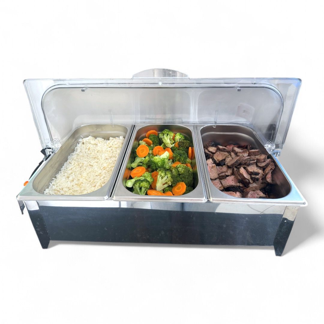 RECHAUD ELÉTRICO 750W 3 CUBAS INOX C/ TAMPA ACRÍLICO