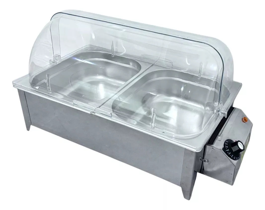 RECHAUD ELÉTRICO 750W 2 CUBAS INOX 1/2 TAMPA ACRÍLICO