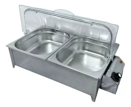 RECHAUD ELÉTRICO 750W 2 CUBAS INOX 1/2 TAMPA ACRÍLICO