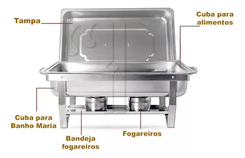 RECHAUD RETANGULAR DUPLO INOX 2 CUBAS 1/2 9L - IPÊ COZINHAS